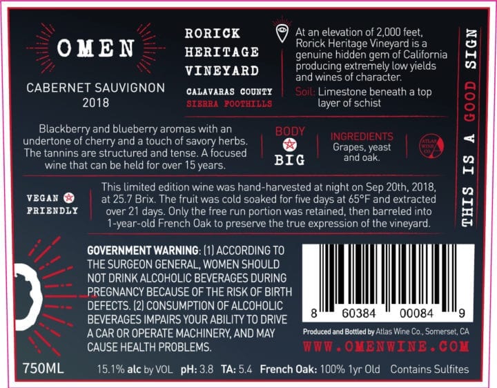 Omen Single Vineyard Cabernet 2018 Label Back