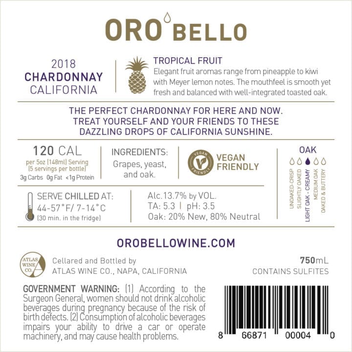 Oro Bello 2018 Chardonnay label Back