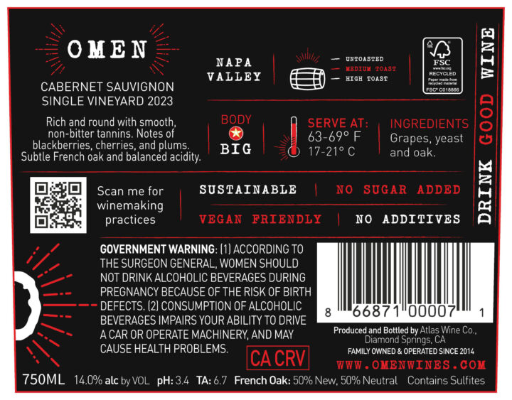 2023 Omen Cabernet Sauvignon Single Vineyard Back Label